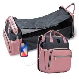 USB Charger Diaper Bag Backpack with Extendable Folding Crib Large Capacity Travel Outdoor Bag